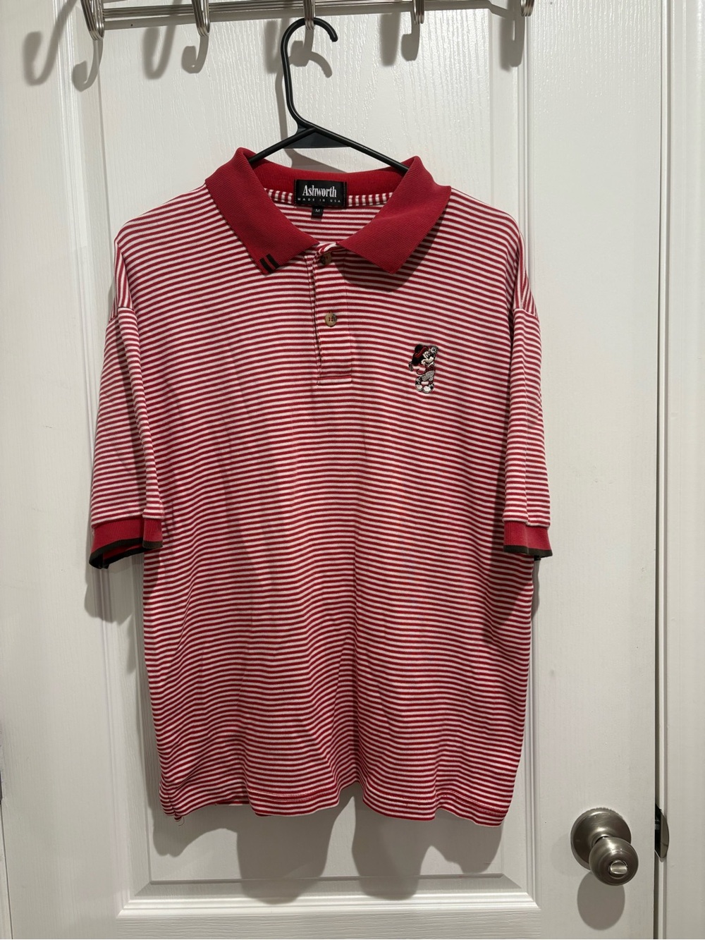 Ashworth Vintage Red and White Striped Polo with Embroidered Mickey Mouse